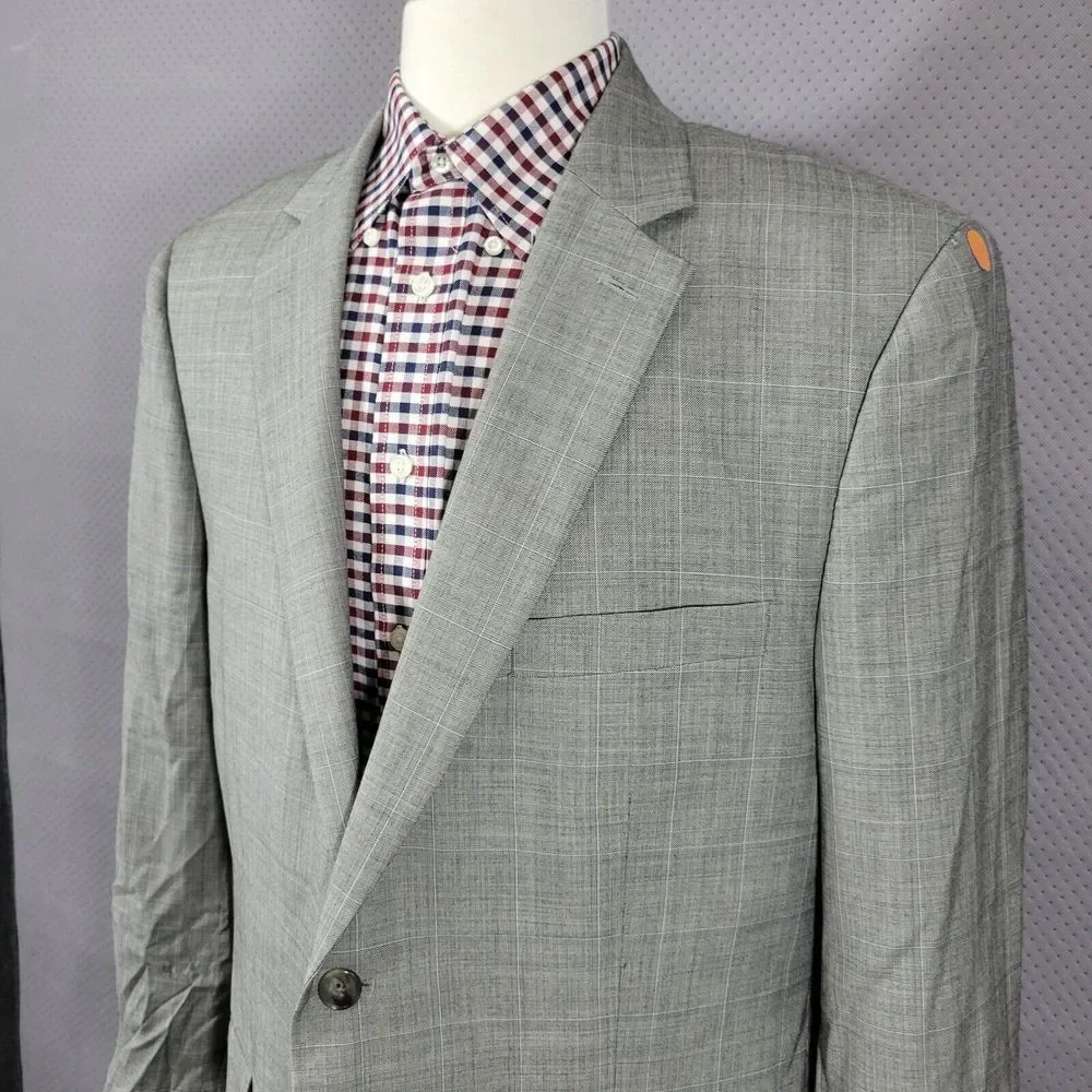 Tasso Elba Men's Sport Coat Blazer‎ Two Button Gray Plaid Shark Skin Wool 44R
